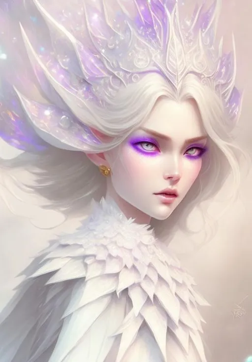 Prompt: beautiful white dragon queen, pearlescent white skin, stunning symmetrical  beautiful face, violet iridescent eyes, popped up colar cape made of dragon iridescent white scales art by greg rutkowski, sung choi, artgerm, pino daeni, karol bak, cushart, wlop, craig mullins, hyperdetailed, perfect composition, super clear definition, unreal engine, dramatic makeup, silver shining silky white hair