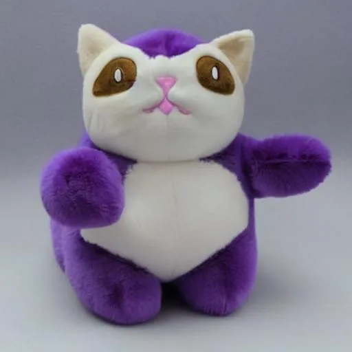 Prompt: Plush purple cat with pink cheeks chubby stuffed 