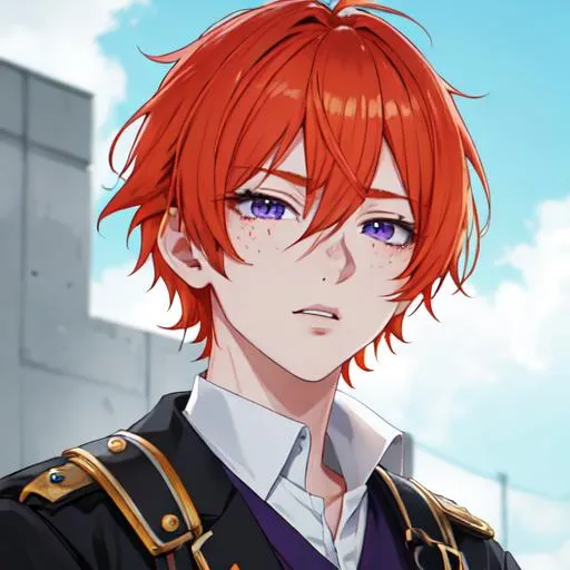 Prompt: Erikku male adult (short ginger hair, freckles, right eye blue left eye purple) UHD, 8K, Highly detailed, insane detail, best quality, high quality,  anime style, as a police officer