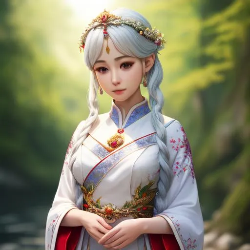 Prompt: Realistic, insanely beautiful Goddess, thin_short_small_ears, Highly Detailed body, smooth, long_sleeved_Furisode, entire body shown, random silver hair, circlet, full body, cinematic, 64K, UHD,
