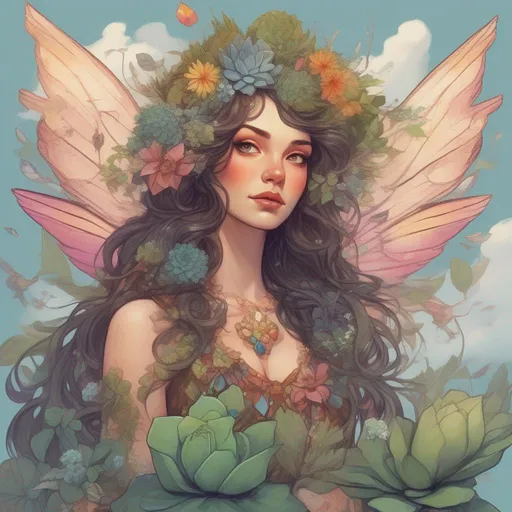 Prompt: A colourful and beautiful head to toe Persephone as a fairy with fairy wings; with succulent, feathers and gems in her brunette hair. In a beautiful flowing dress made of plants. Surrounded by birds and clouds, in a painted style in a marvel comics style