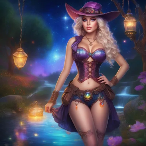 Prompt: Wide angle.  Whole body showing. Photo realistic. Intricate. Very detailed illustration.  Stunning beautiful, buxom woman with broad hips and incredible  bright eyes, standing next to a stream on a breathtaking, colorful starry  night. Wearing a colorful, translucent, sparkling, dangling, skimpy, gossamer, sheer, flowing, steam-punk style, Witch style,  fairy  outfit with distinct wings. With  winged fae flying about.