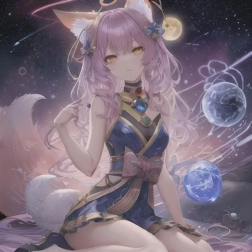 Prompt: a cosmic kitsune issitting on the andromeda galaxy in outer space