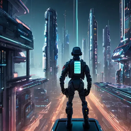 Prompt: A Futuristic soldier standing on the edge of a building looking out towards a massive neon city
