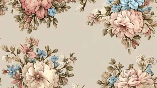 Prompt: Flowers on the border, Less and less in the middle. Vintage flowers, beige, pink, light blue. Flowers on the side, Background, high resolution.