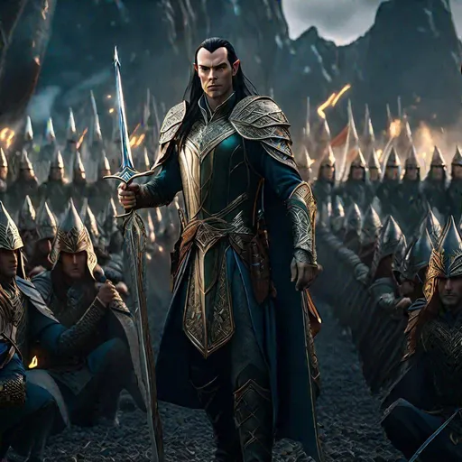 Prompt: realistic photo of magnificent Elrond, holding his glorious sword, surrounded by elven soldiers, battlefield in the background, 4k, highly detailed, intricate details, 