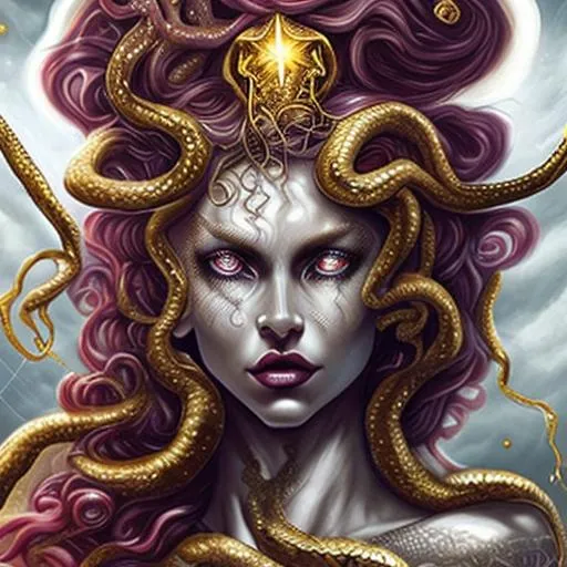 Prompt: medusa, diamond back snakes for hair, Halfgod, Demigod, stars, full body shot, female, curly, fade, beautiful, white, realistic, bright, gold, god-like figure, royal, Glowing eyes, Super detailed, Blood red sky, Devilish figure, dark, evil, blood stained flowing dress, blood rain,hyperrealistic, super detailed, 8k, high quality, sharp focus,intricate details, highly detailed, dynamic lighting, detailed and intricate environment