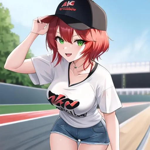 Prompt: Akina 1female (Short red hair, relaxed and sassy green eyes), 8K, Insane detail, best quality, UHD, Highly detailed, insane detail, high quality. Casual outfit, sideways snapback, car graphic t-shirt, denim shorts, at a racetrack