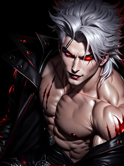 Prompt: ((best quality)) Splash art masterpiece of seductive masculine top-down crazy modern vampire man with ((hyperdetailed white silky hair)) and ((hyperdetailed bloodshot red eyes)) and beautiful hyperdetailed masculine attractive sharp face and nose and big lips, ((white skin)), red shy blush with grin, blood dripping down lips and body, red blood, backlit, ((intricately hyperdetailed yellow modern thin mesh suit)) with deep cleavage and visible abdominal muscles, abs, toned body, barely any clothing, mesh dress, ((seductive crazy grin face)), looking up at camera, standing jojo pose, looking down perspective, bokeh background, cinematic glamour lighting, backlight, action shot, intricately hyperdetailed, perfect face, perfect body, perfect anatomy, hyperrealistic, sharp focus, epic dark fantasy, glamour, volumetric studio lighting, triadic colors, occlusion, ultra-realistic, 3d lighting, beauty, sensual masculine romance, professional, sensual feminine, perfect composition, unreal engine 8k octane, 3d lighting, UHD, HDR, 8K, render, HD, trending on artstation, front view, (((huge breast))), ((sexy)) cleavage, fangs, Bride, Curse of Strahd, slutty, wounded, blood, vampire, fangs black leather, black latex
