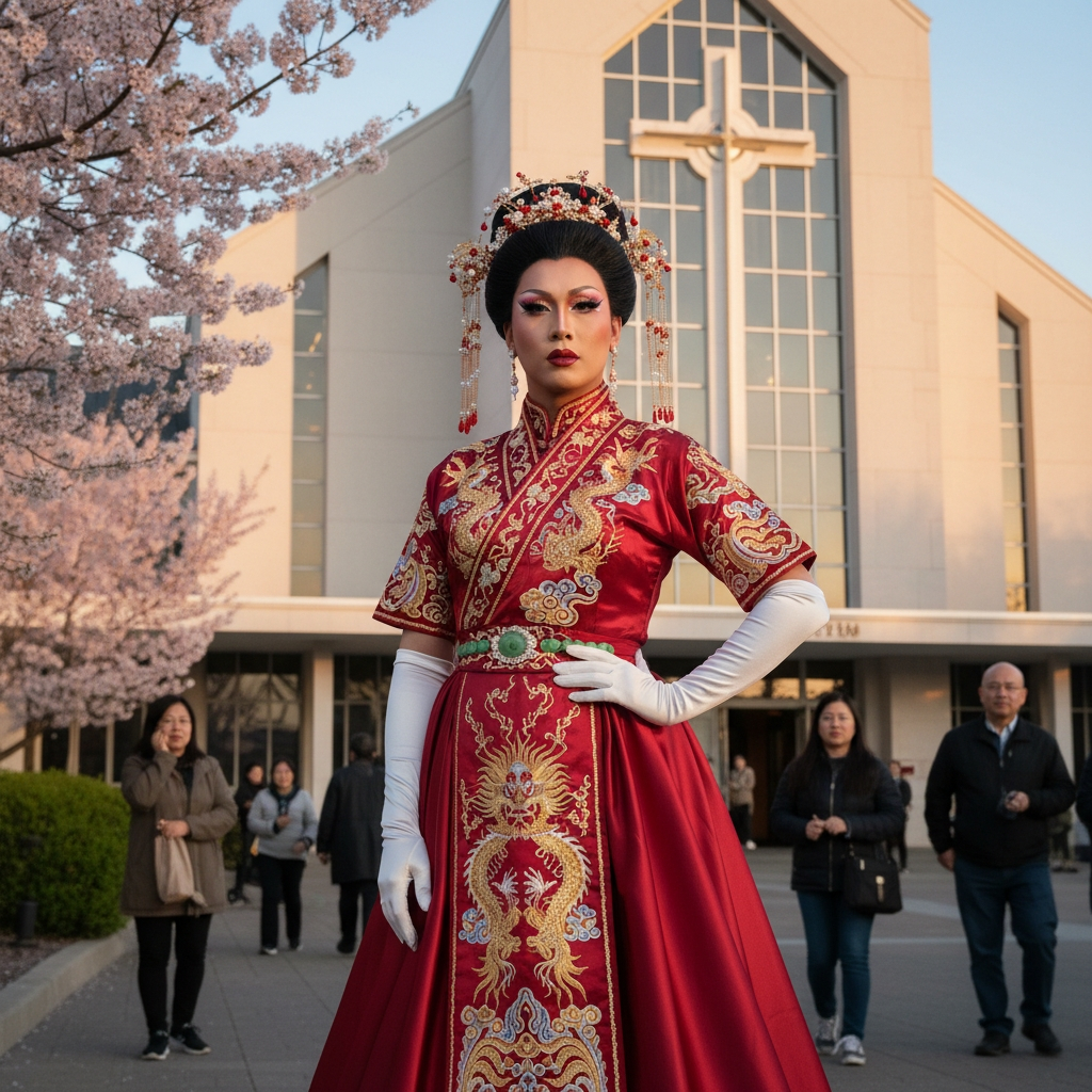 A beautiful 35-year-old Chinese drag queen wears bea...