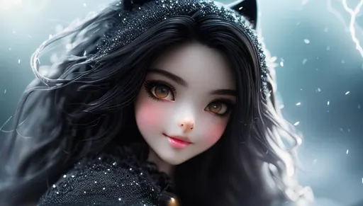 Prompt: (masterpiece, illustration, best quality:1.5), insanely beautiful black wolf girl, cruel smile, global illumination, night, (((Bird's Eye View))),(((zoomed out))), finely detailed, detailed face, beautiful detailed eyes, beautiful detailed shading, highly Detailed body, black hair, body crackling with lightning, billowing wild hair, battle stanc...