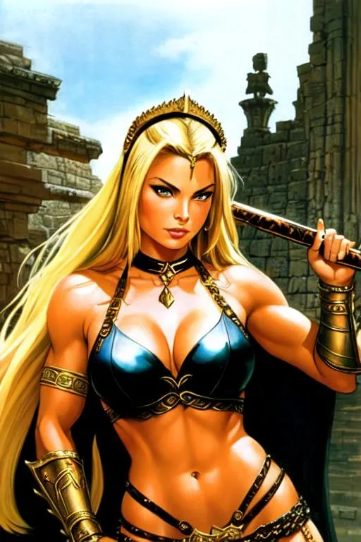 Prompt: ((Jaime Pressly as a thin barbarian queen)), frank frazetta style art, somber face, action pose, long blonde hair, fair skin, ancient city background, gold jewelry, best quality, low angle 