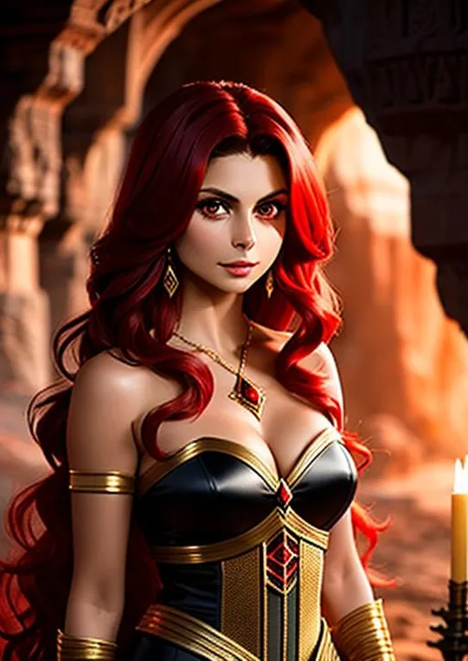 Prompt: Morena Baccarin, messy red hair, small body,  sorceress cosplay, full body, jewelry set balayage, red hair, royal vibe, UHD, 8K, Very Detail. cave, masterpiece. portrait, happy face