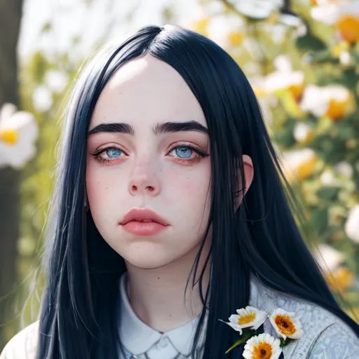 Prompt: A beauty portrait of Billie Eilish with natural lighting that enhances the softness and delicacy of the features. The model should be posed in a relaxed and playful way, with their head tilted to one side and their eyes closed or looking down. One hand should be running through their hair, while the other hand is holding a flower or a piece of jewelry. Please ensure that the overall mood of the portrait is dreamy and ethereal, capturing the essence of their natural beauty and grace. Only 5 fingers on each hand