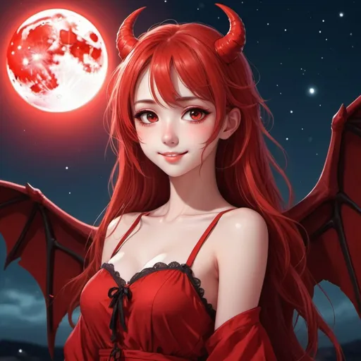 Prompt: Make an beautiful girl setting at a human head looking towards the camera give her wings and cute eyes and red long hair and make her look like an devil and make the background an red  sky with stars and a 
red  moon make her smile and make  her an anime character and give her sandles 