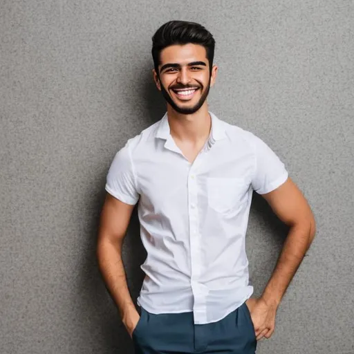 Prompt: young beautiful smiling man wearing white shirt pointing with left arm
