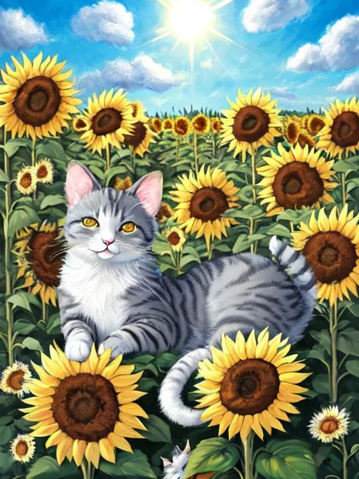 Prompt: full length oil painting of cozy cat with white and black fur| laying in a field of sunflowers| daytime sunshine| blue sky and glowing white fluffy clouds} background is catnip leaves flying| laughing little gray mice} highly detailed|