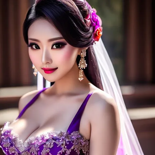 Beautiful Busty Chinese Wearing Purple Wedding Dress Openart