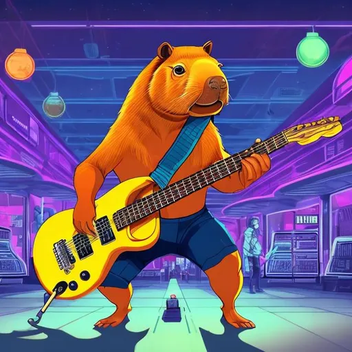 Prompt: Bodybuilding Capybara playing guitar for tips in a busy alien mall, widescreen, infinity vanishing point, galaxy background