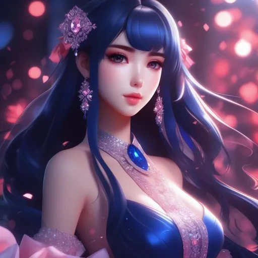 Prompt: 3d anime woman  dark blue hair with crimson eyes and a sparkling light pink dress and beautiful pretty art 4k full HD
