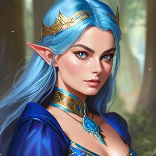 Prompt: ((Margot Robbie)), Stunningly elf female with blue hair, fit body, fantasy, intricate, elegant, highly detailed, digital painting, artstation, concept art, smooth, sharp focus, illustration, art by artgerm and greg rutkowski and alphonse mucha