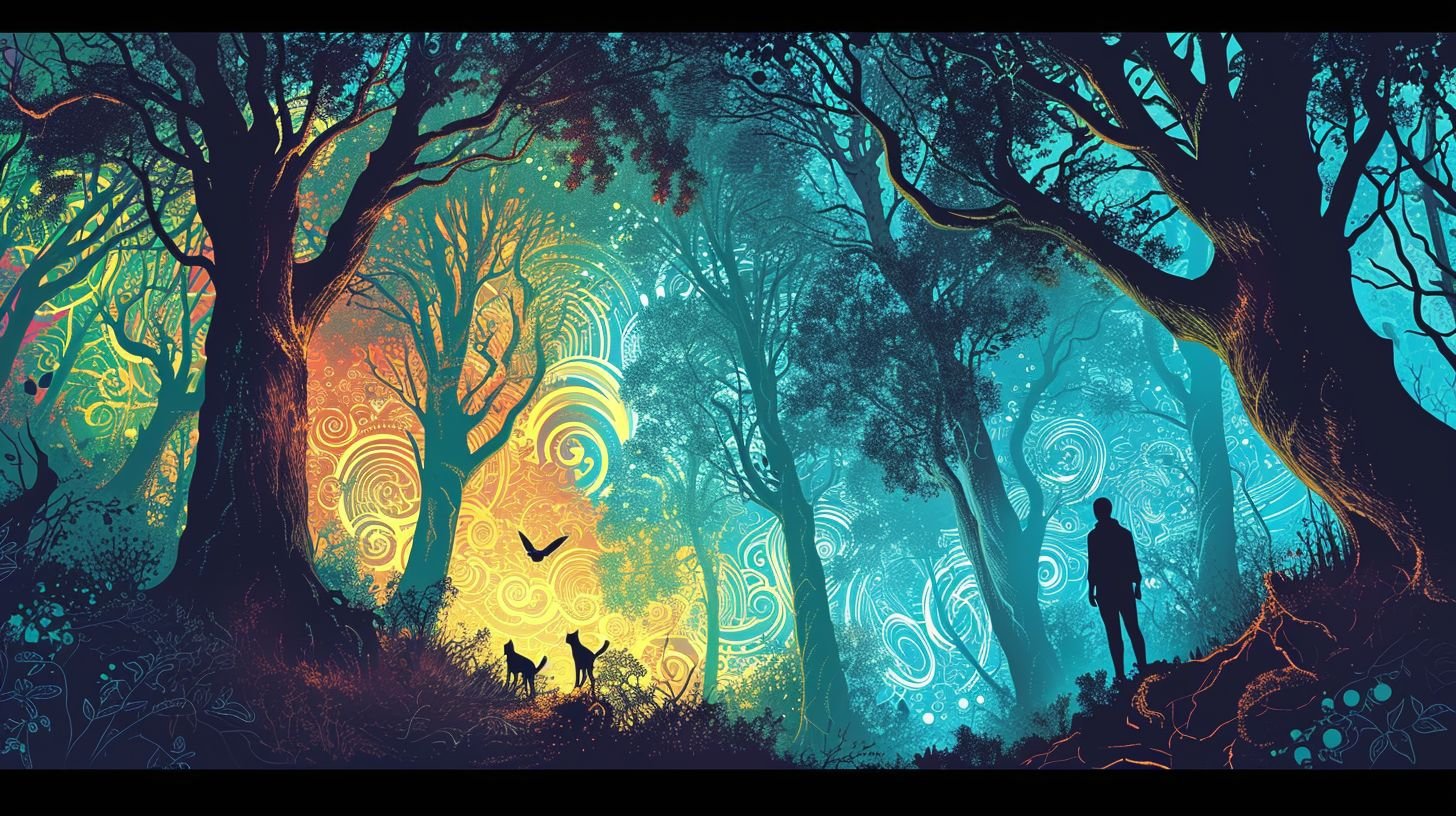 Prompt: Wide illustration showcasing a psychedelic enchanted forest dominated by cyan and amber hues. Whirling patterns fill the sky, with optical illusions making the trees appear to move. Mythical creatures, silhouetted against the vibrant backdrop, roam amidst the trees.