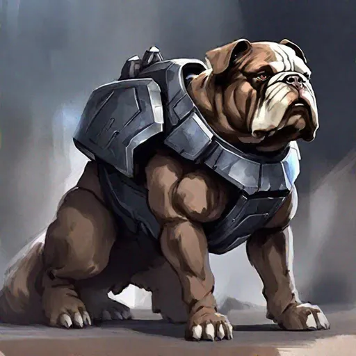 Prompt: Covenant Alliance War Dog, bulldog-like, solid chocolate fur, dark grey armor, masterpiece, best quality, (in watercolor painting style)