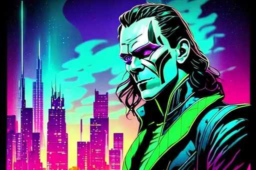 Prompt: Synthwave Loki art, handsome Norse god of mischief. Trickster god from norse mythology.