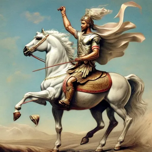 Prompt: He who sat on the white horse had a bow; and a crown was given to him, and he went out conquering and to conquer.