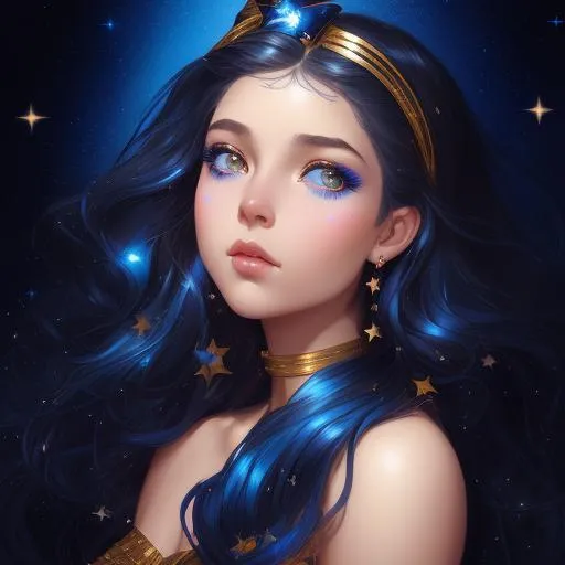 Prompt: a beautiful girl on a dark blue background with gold stars in her hair, shimmer, glow, stars, wavy hair, euphoria makeup, highly detailed girl by artgerm and Edouard Bisson, highly detailed oil painting, portrait of a beautiful person, art by Stanley Artgerm, Charlie Bowater, Atey Ghailan and Mike Mignola,