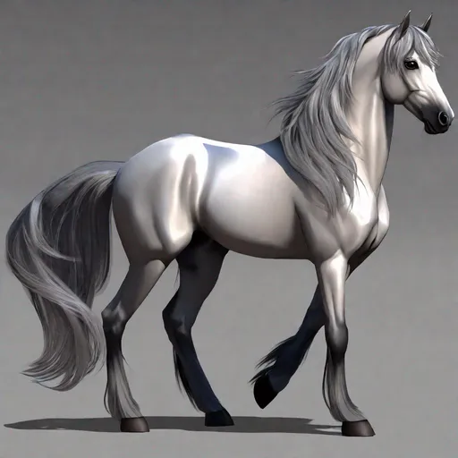 Prompt: Your OC is a little mangled horse, with gentle ash-gray eyes. He has a long grey mane and tail. 