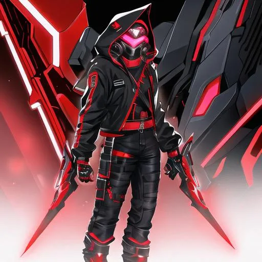 Prompt: Male character, black but red neon gas mask, cyber netrunner hood (black but neon red), neon red Sword In its Back, Red Mecha Cyber Jacket, black jeans, red shoes