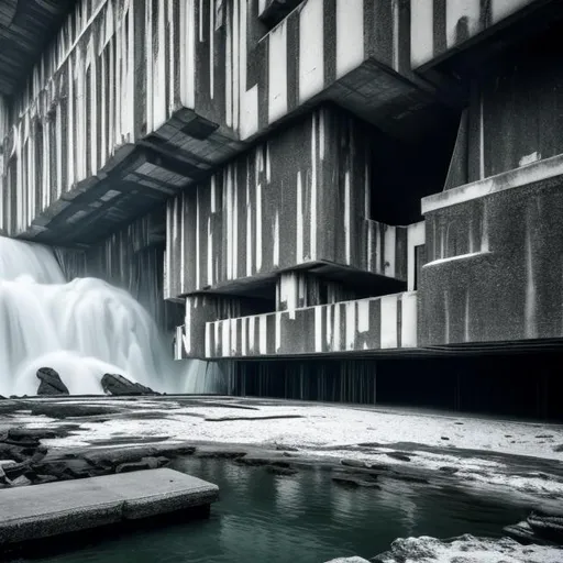 Prompt: a building on the edge of a large waterfall, brutalist architecture