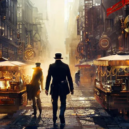Prompt: steampunk man with golden crane walking market square, by Jeremy Mann, Rutkowski, and other Artstation illustrators, intricate details, face,  full body portrait, headshot, illustration, UHD, 4K