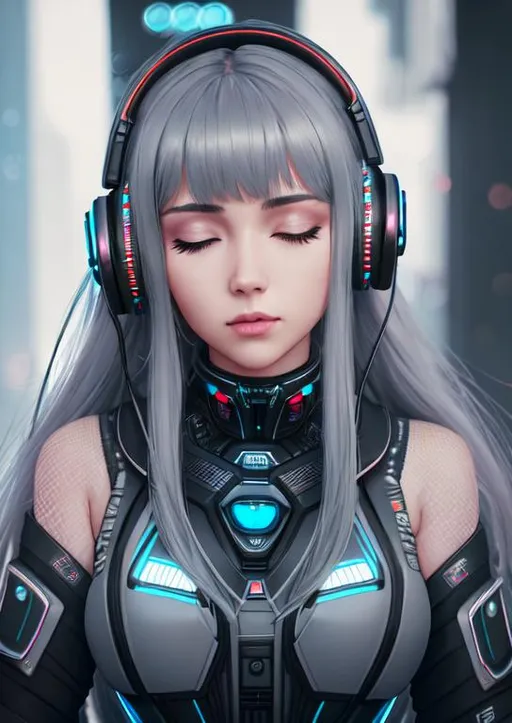 Prompt: portrait, close up photography of a gorgeous cyberpunk girl, grey long hair, (facing the camera) wearing a headphone,(closed eyes), bokeh, symmetrical , and futuristic light blue-black tech suit.
neon, blade runner 2049, cinematic light, cyberpunk, hyperrealism, highly detailed, intricate detailed, volumetric lighting, deep cyberpunk mechanoid, hyper-realistic cyberpunk style