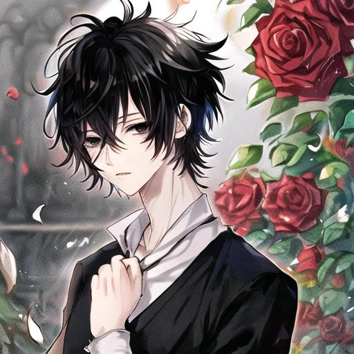 anime man, otome, shoujo, roses, emo, black hair, bl... | OpenArt