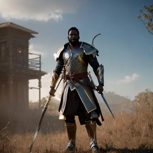 Prompt: african ronin, goatee, lightning, high detail, fatherly, runic armor designs, detailed face, concept art, character art, gold headband, Jonathan Majors, thunder storm, 4k, electric blade, warrior, torso, side lighting, sword fight, fighting pose