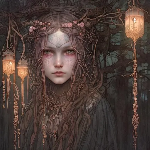 Prompt: Portrait Druid witch girl with rose gold pinkish hair and pretty detailed face in a dark and mysterious tree with Hanging lanterns by John Bauer and John William Waterhouse high contrast colorful storybook illustrations braids in hair moon in sky