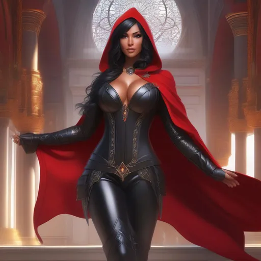 Prompt: Beautiful fantasy busty seducer, goth, (crop top:1.5), barely black leather fantasy armor clothed, black hair, brown skin, hooded red cloak, full body, highly detailed, digital painting, artstation, hyperrealistic, sharp focus, illustration, art by artgerm and greg rutkowski and alphonse mucha, 8k, pretty eyes, award-winning cgi, blender, headshot