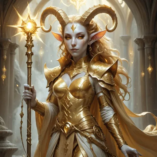 Prompt: Female tiefling cleric, ethereal charm, white skin, adorned in majestic gold clothes that shimmer with divine grace, holding a striking gold staff with intricate designs, surrounded by a mystical, celestial aura, soft light illuminating the scene, ethereal atmosphere, HD quality, fantasy realm backdrop with arcane symbols fading into the background.