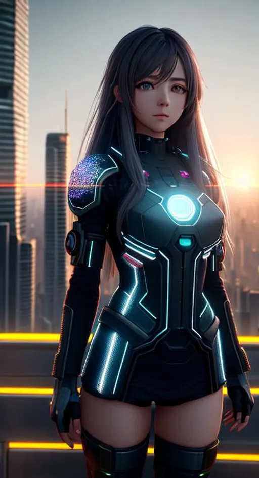 Prompt: Dystopian, High Detail RAW color Photo, Full Shot, (cute and innocent female), long stray hair, detailed face, detailed eyes, centered,

standing on an overlook, looking out at sprawling cyberpunk city skyline, perfect face, (highly detailed, fine details, intricate), (lens flare:0.5), (bloom:0.5), raytracing, specular lighting, shallow depth of field, 200mm lens, hard focus, smooth, cinematic film still,