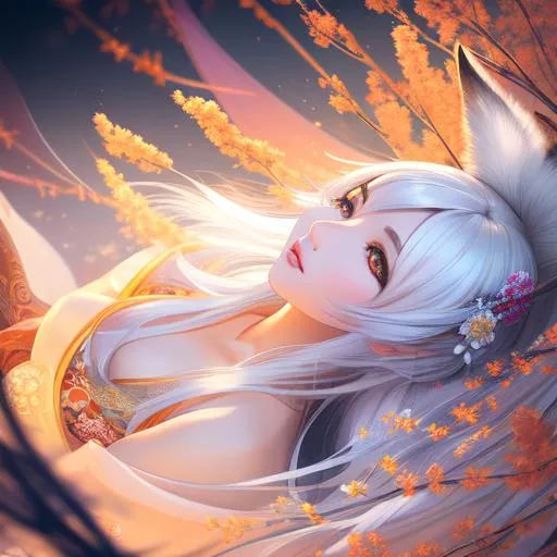 Prompt: 
Greg rutkowski,

Long shot, bottom looking up,

Full body girl lying down , long legs, hyperdetailed, kimono, fox ears, 
Back turned,

Perfect face, hyperdetailed cute face, hyperdetailed intricate eyes, intricate long white hair , middle part,

Long slender hands, perfect proportions,

Anxious, 

Colorful glamorous hyperdetailed intricate medieval japanese city background, long exposure, vivid colors,

Elegant, graceful,

HDR, UHD, high res, 64k, cinematic lighting, special effects, hd octane render, professional photograph, studio lighting, trending on artstation, 