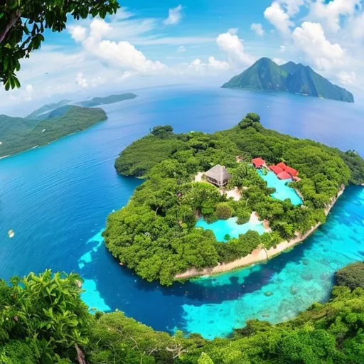 Prompt: a small island with a house on it, surrounded by lush green trees and plants. The sky is bright blue and filled with white clouds, while the lake below reflects the beauty of nature. In the foreground, there is a red object that appears to be some kind of boat or vehicle. On one side of the island is a mountain covered in trees and vegetation, while on the other side there are rocks jutting out from beneath the water's surface. A close-up view reveals a tree standing tall next to the lake, its branches reaching up towards the sky. Further away in the background, another tree can be seen near what looks like an old wooden bridge crossing over part of the river. There also appears to be a hand visible in one corner of this image - perhaps belonging to someone who has come here to enjoy this peaceful spot? All around this idyllic scene lies an abundance of natural beauty that will surely take your breath away!