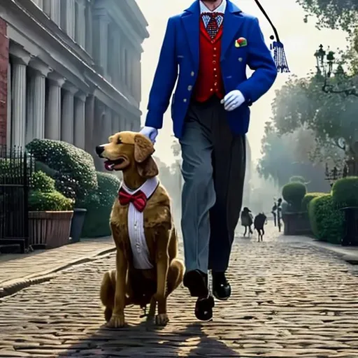 Prompt: An Anthropomorphic big old Golden Retriever dog Mr. Lucky is my father dog wearing dressed as a business officer man on a Mary poppins returns animated style