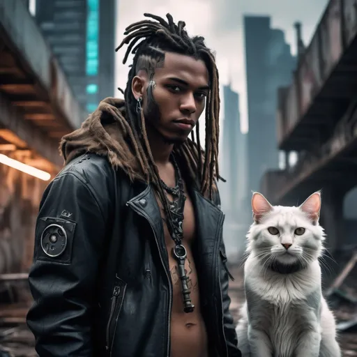 Prompt: Two cyberpunk cats and young man ith dreds. one cat  is black and the second one is white with young man with dreads in post-apocalyptic landscape, highres, ultra-detailed, cyberpunk, dystopia, futuristic, post-apocalyptic, detailed fur, intense gaze, urban setting, industrial, moody lighting, desolate, dystopian, futuristic skyscrapers, ruined city, high-tech, cool tones