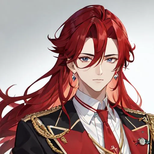 Prompt: Zerif 1male (Red side-swept hair covering his right eye) wearing a royal suit