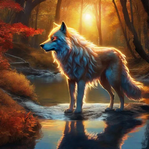 Prompt: Insanely beautiful (canine quadruped) that is glowing, thick golden mane, on two legs, translucent, luminescent, illusion, glistening fiery mane, glows like the sun, flaming red eyes, majestic wolf face, energetic fox, in a enchanted woods near a lake, fantasy, magical, sunrise, beneath the stars, crystal lake, waterfall, bioluminescent, highres, best quality, concept art, epic digital art, intricately detailed, cinematic, 8k eyes, highly detailed eyes, highly detailed, 64k, vibrant, UHD, professional