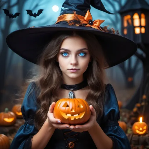 Prompt: An elegant beautiful blue-eyed with brown hair enchanted and gifted witch conjures and communicates with spirits at Halloween.