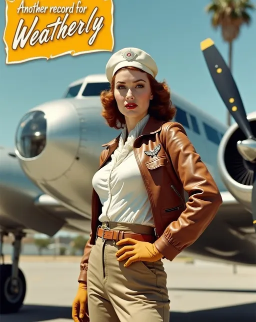 Prompt: Staged (Magazine cover) with yellow banner and (white lettering that reads "Another record for Weatherly"), Stunningly beautiful (famed aviatrix Skye Weatherly), standing with heroic confidence at the Burbank Airport in front of a silver metallic Douglas DC-3. Her buxom curvy figure is showcased in a (brown leather bomber jacket) with silver wing insignia, (white silk blouse), (khaki slacks), and (tan leather boots & gloves), a (jauntily worn white beret) & scarf contrasts against her silky Auburn hair. Burbank airport on a (sunny California day), vibrant blue skies, palm trees gently swaying in the background, 8K resolution, ultra-detailed, high-quality image, capturing the essence of 1930s adventure and resilience.