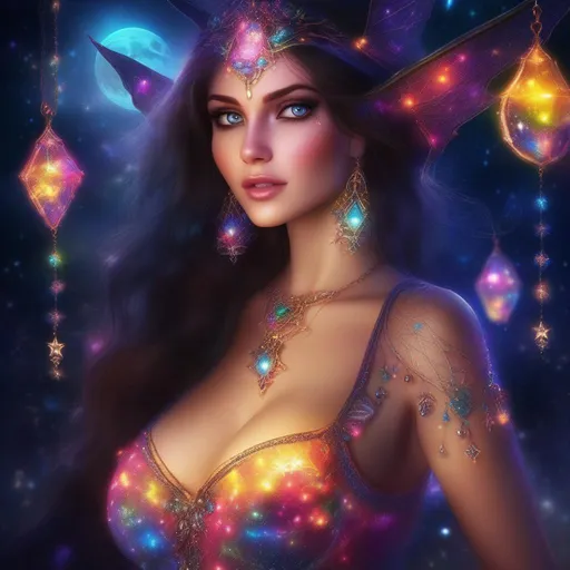 Prompt: A complete body form of a stunningly beautiful, hyper realistic, buxom woman with incredible bright eyes wearing a colorful, sparkling, dangling dangles, glowing, skimpy, natural, flowing, sheer, fairy, witches outfit on a breathtaking night with stars and colors with glowing, detailed sprites flying about